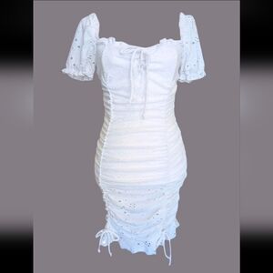 Eyelet Lace Bodycon Mini Dress Size M White Off Shoulder Ruched Puff Sleeve